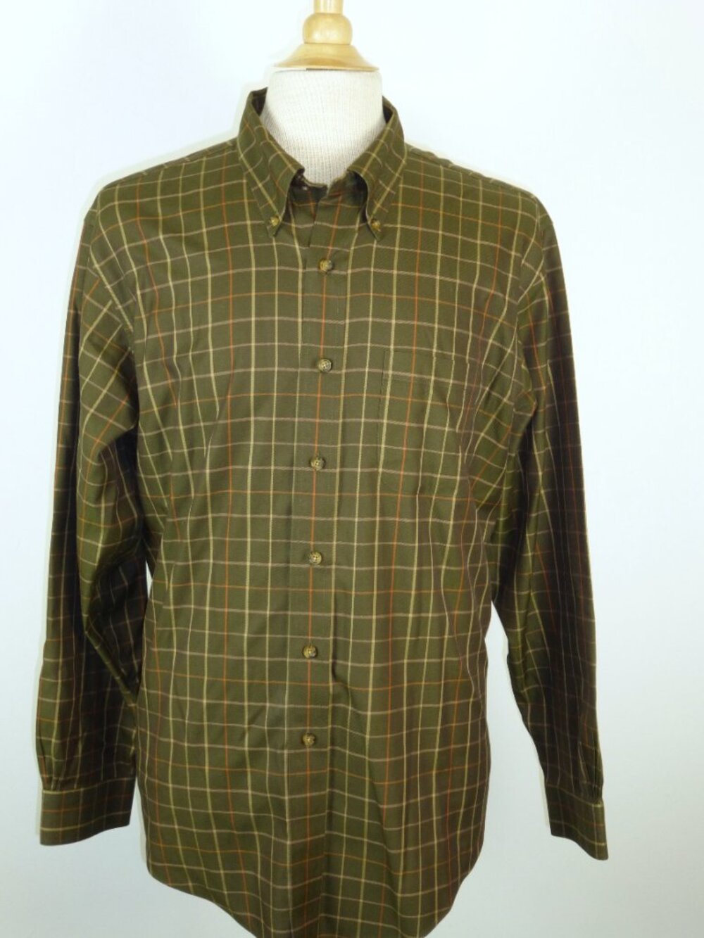 Brooks Brothers no iron plaid slim fit cotton button down collar olive shirt xl